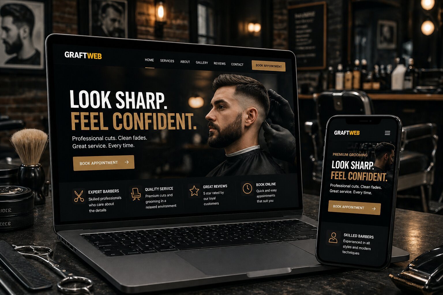 Barber shop website example built by Graftweb